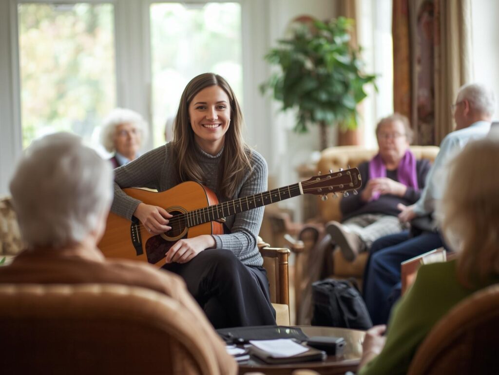 Image of musician playing to care home residents